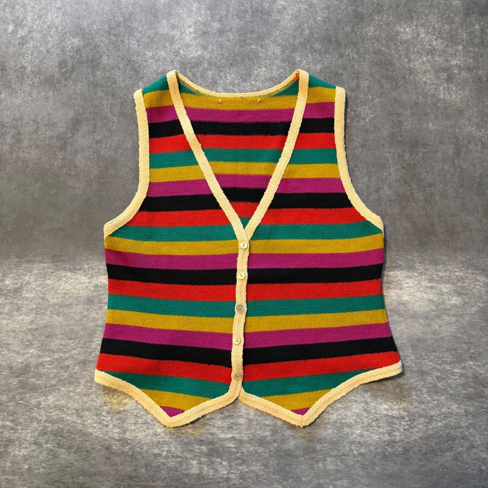 Vintage Rainbow Striped Knit Sweater Vest Button Up Waistcoat Multi Color Small